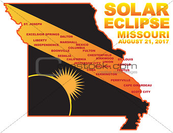 2017 Solar Eclipse Across Missouri Cities Map Illustration