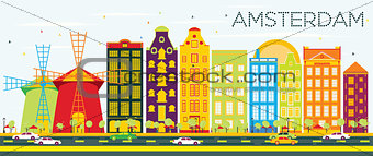 Abstract Amsterdam Skyline with Color Buildings and Blue Sky.