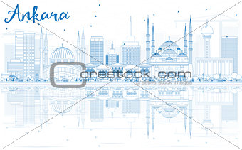 Outline Ankara Skyline with Blue Buildings and Reflections.