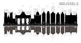 Brussels City skyline black and white silhouette with reflection