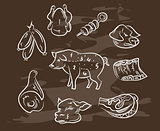 Collection of hand-drawn meat on blackboard. Retro vintage style .