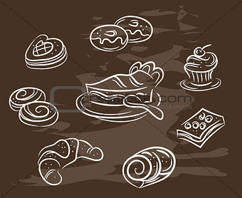 Vintage collection of desserts. Sketches hand-drawn with chalks on blackboard. Vector illustration.