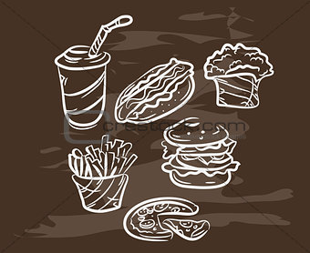 Collection of hand-drawn fast food on blackboard. Retro vintage style .
