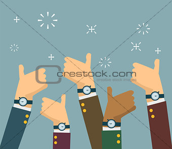 Cheering business people holding many thumbs up in flat style. vector illustration.