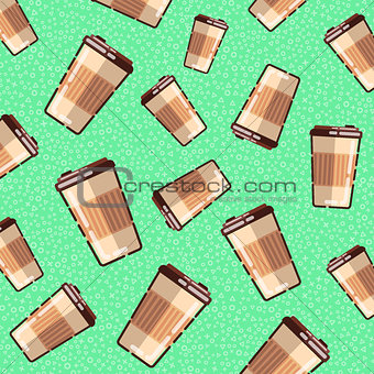 Seamless pattern with coffee takeaway on green background.