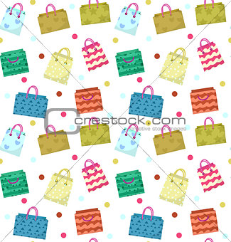 Cute shopping bag seamless pattern. Colorful shopping bags with different design backdrop. Paper bags endless background, texture. Gift package. Vector Illustration.
