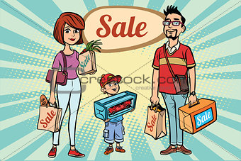 family dad mom and son with shopping on sale
