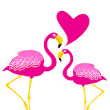 Festive card with pink flamingos in love 