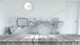 3D wooden table looking out to a defocussed room interior
