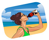 Woman drink water on the beach