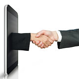 Handshake between two people through a mobile device
