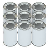 Group of metal tin cans with white paper labels