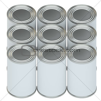 Group of metal tin cans with white paper labels