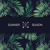 Summer tropical vector design for banner or flyer with dark green palm leaves and space for text.