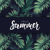 Summer tropical vector design for banner or flyer with dark green palm leaves and white lettering.