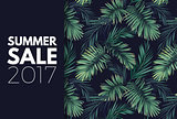 Summer tropical vector design for banner or flyer with dark green palm leaves and space for text.