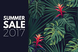 Green tropical sale design with palm leaves and exotic flowers. Vector floral template.