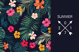Summer colorful hawaiian vector flyer design with tropical palm leaves and hibiscus flowers