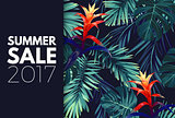 Green summer tropical background with exotic palm leaves and flowers. Vector floral background.