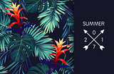 Green summer tropical background with exotic palm leaves and flowers. Vector floral background.