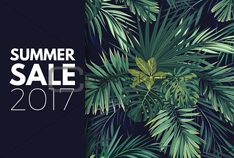Green summer tropical flyer or banner design with exotic palm leaves and plants. Vector floral background.