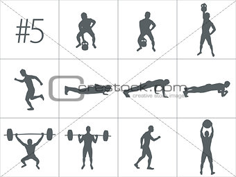 Vector silhouettes of people doing fitness and crossfit workouts