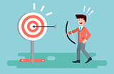 Vector illustration businessman hits target successful shot from bow advancement right solution excellent business success marketing achievement luck idea progress victory start-up in flat style