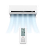 Realistic air conditioner isolated on white with cold air symbols. Modern air conditioner with remote control vector illustration