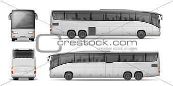 Coach bus isolated on white background. Travel Passenger Bus for advertising and your design. Realistic coach mockup Side, Front and Back view. Vector illustration