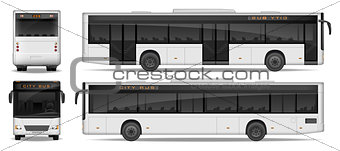 Realistic City Bus template isolated on white background. Passenger City Bus mockup side, front and rear view. Transport advertising design. Vector illustration.