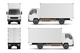White realistic delivery cargo truck. Lorry for advertising side, front and rear view isolated on white background. Delivery cargo truck vector illustration mockup.