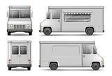 Food Truck Vector Template For Car Advertising. Service Delivery Van Isolated On White. Silver Delivery Truck from side, front, back View. Easy to edit and recolor.
