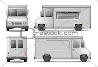 Food Truck Vector Template For Car Advertising. Service Delivery Van Isolated On White. Silver Delivery Truck from side, front, back View. Easy to edit and recolor.