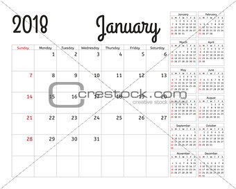 Simple calendar planner for 2018 year. Vector design January template. Set of 12 months. Week starts sunday. Calendar planning week.