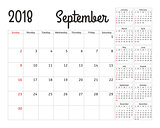 Simple calendar planner for 2018 year. Vector design September template. Set of 12 months. Week starts sunday. Calendar planning week.