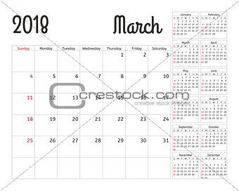 Simple calendar planner for 2018 year. Vector design March template. Set of 12 months. Week starts sunday. Calendar planning week.