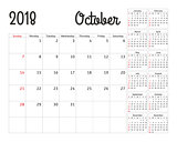 Simple calendar planner for 2018 year. Vector design October template. Set of 12 months. Week starts sunday. Calendar planning week.