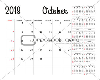 Simple calendar planner for 2018 year. Vector design October template. Set of 12 months. Week starts sunday. Calendar planning week.