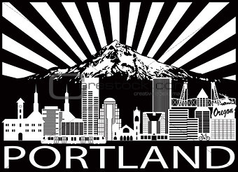 Portland City Skyline and Mount Hood Black White Illustration