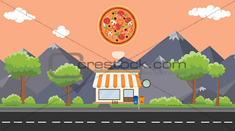 pizza food store on sidewalk with tree and mountain as background