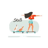 Hand drawn vector cartoon summer time fun illustration with young girl riding on long board,dogs on skateboards and modern typography Skate isolated on white background