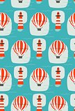 Hand drawn vector cartoon seamless pattern with lighthouse,hot air balloon and sea waves isolated on blue background