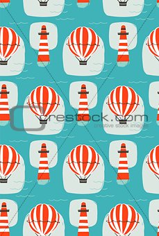 Hand drawn vector cartoon seamless pattern with lighthouse,hot air balloon and sea waves isolated on blue background