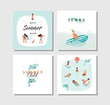 Hand drawn vector abstract cartoon summer time fun cards collection set template with happy swimming people in blue ocean water,dog on skateboard and typography quote isolated on white background.