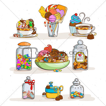 Sweets in glass jars of various forms with different candies and cookies.