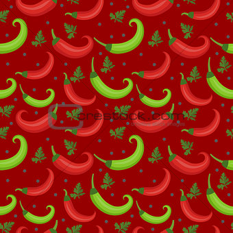 Chili peppers seamless pattern. Pepper red and green endless background, texture. Vegetable background. Vector illustration.