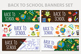Back to school set of banners, template with space for text for your design. Education collection long board, poster, flyer. Flat style. Vector illustration.