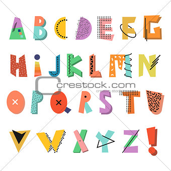 Memphis alphabet. Colorful funny font. Fashion 80-90s.
