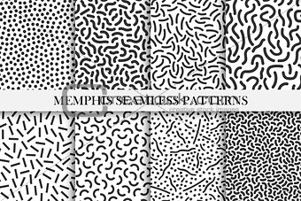Collection of retro memphis patterns - trendy seamless swatches. Fashion 80-90s.