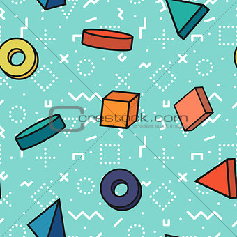 Memphis seamless patterns - colorful geometric 3d shapes.